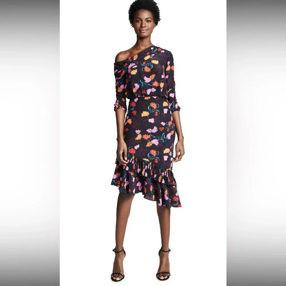 SALONI Azelea‎ Floral Print LEXIE Asymmetric Off Shoulder Silk Midi Dress Size 2 - Picture 1 of 17